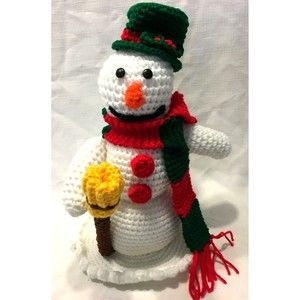 Christmas Male Snowman Doll Handmade Crochet Vest Scarf Broom Green Hat 13.5 IN